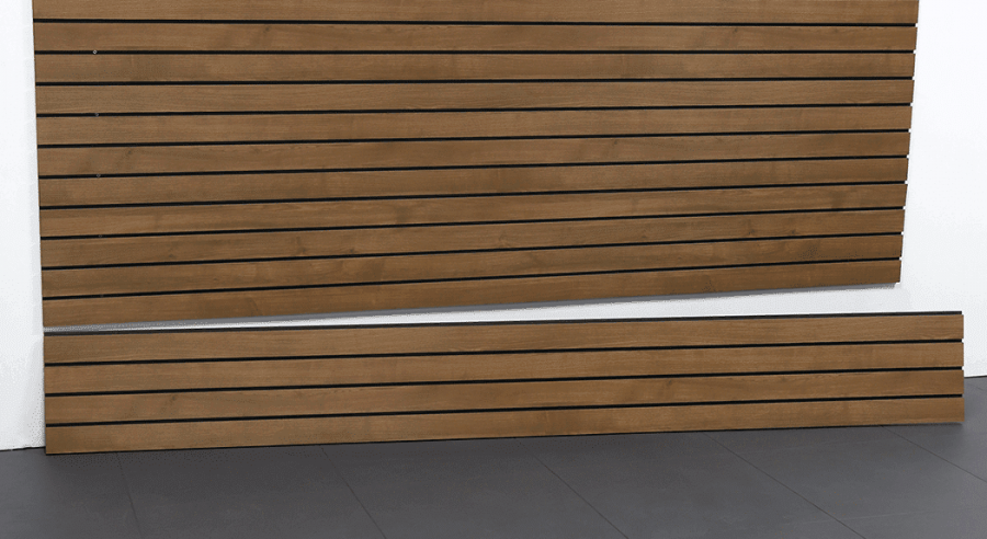 8ft Laminated PVC Slatwall in Western Cedar finish, ideal for garage organization