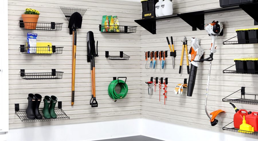 MKE Slatwall laminated garage panels for fall cleanup storage solutions.